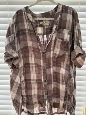 We The Free Brown and Cream Plaid Button-Down Blouse Size L
